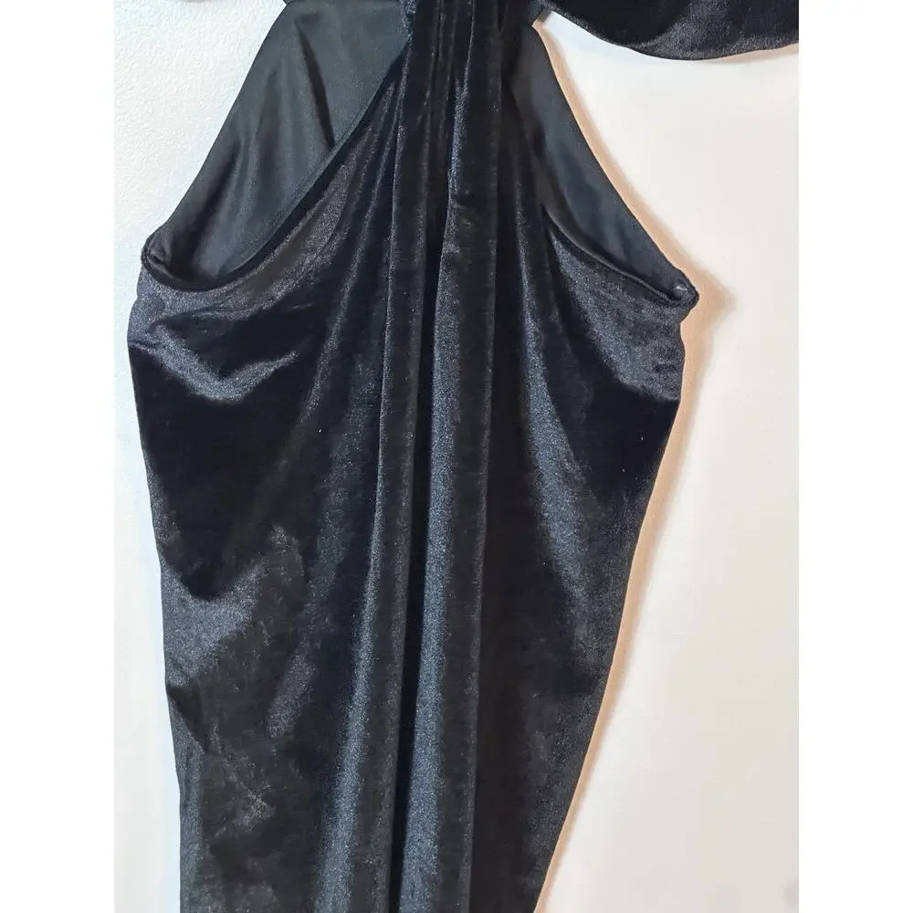 Just Polly Dress Womens Size XL Black Draped Waist Cutout Slit Midi Party Velour - Picture 5 of 9